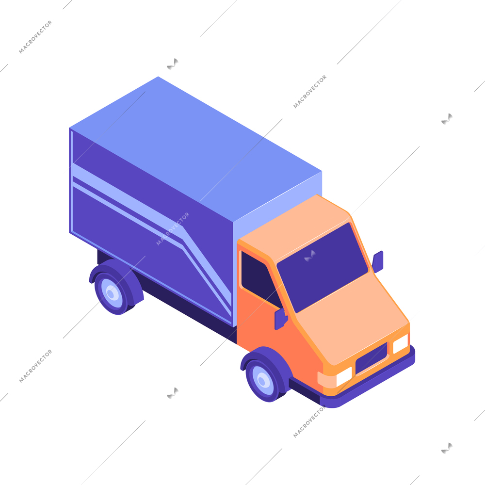 Orange and blue commercial delivery truck on white background 3d isometric vector illustration