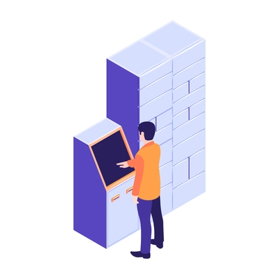 Human character getting order at automated post terminal 3d isometric vector illustration