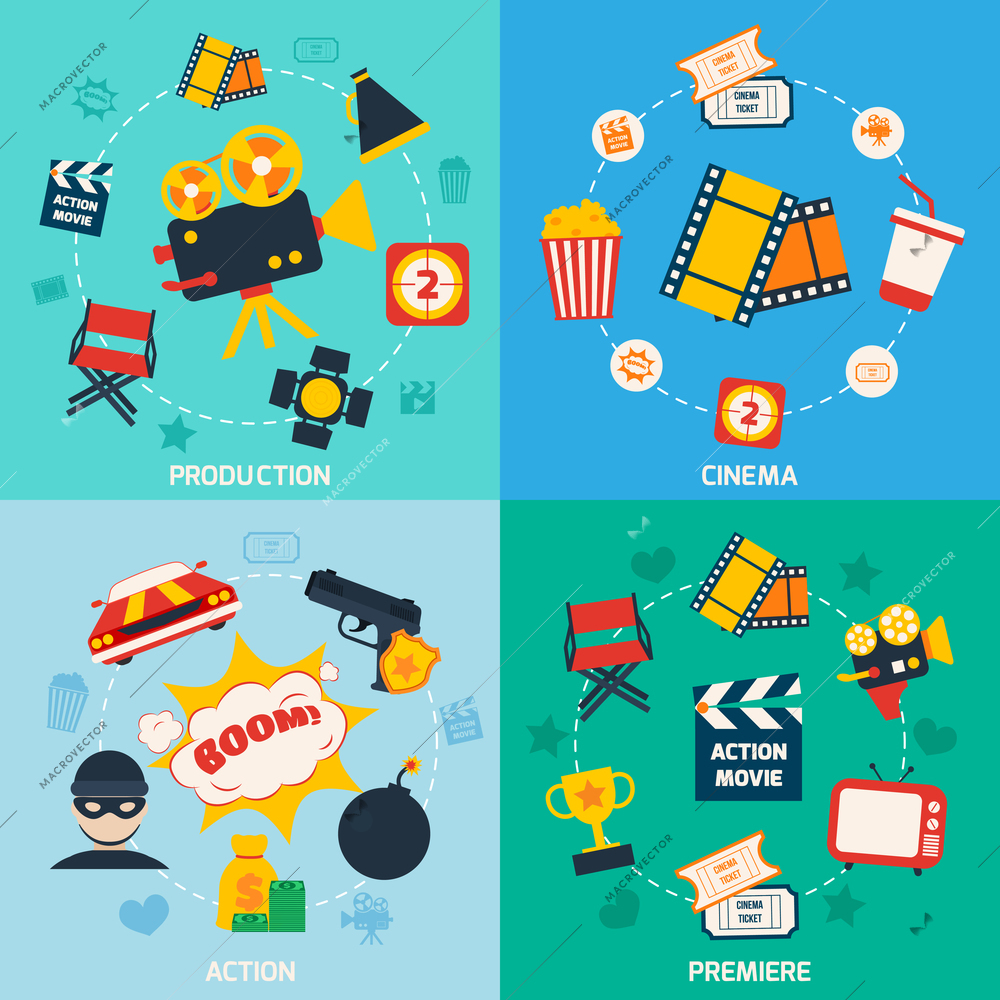 Action movie cinema production premiere flat compositions isolated vector illustration