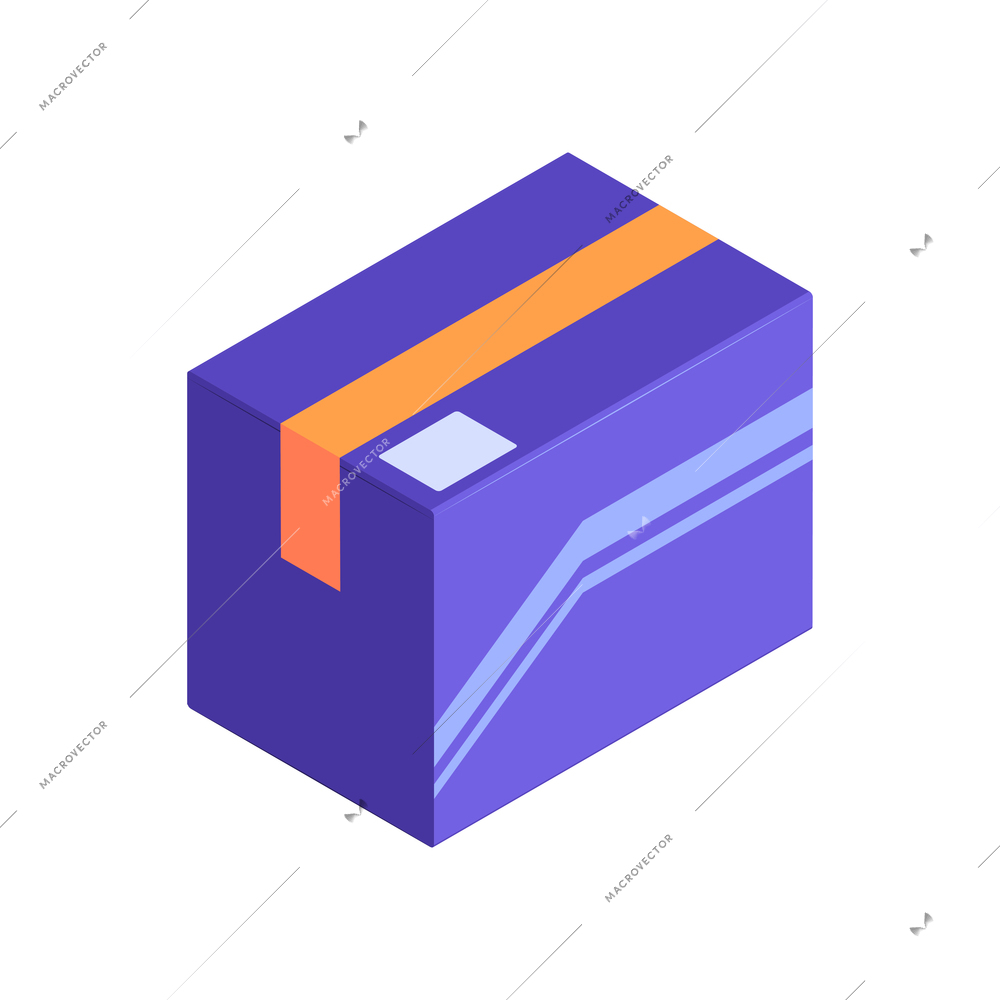 Blue parcel box sealed with orange adhestive tape on white background 3d isometric vector illustration