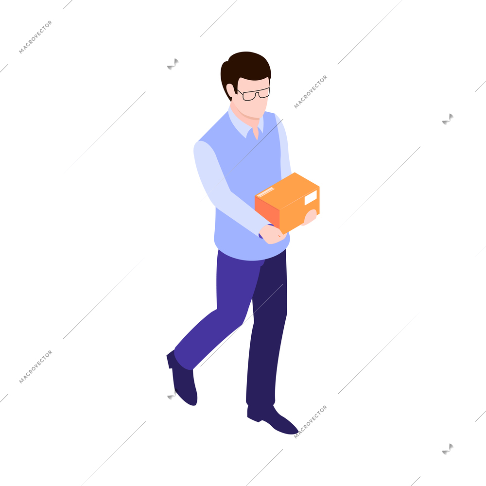 Man in glasses carrying small orange parcel box 3d isometric icon vector illustration