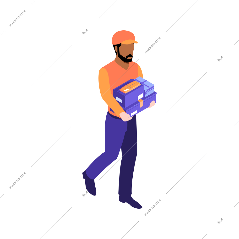 Isometric icon with postal worker in uniform holding parcel 3d vector illustration