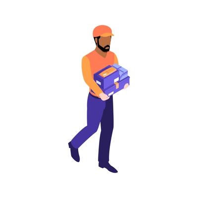 Isometric icon with postal worker in uniform holding parcel 3d vector illustration