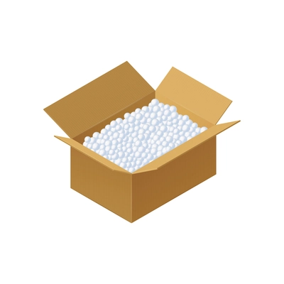 Loose fill packaging cardboard box on white background 3d isometric vector illustration
