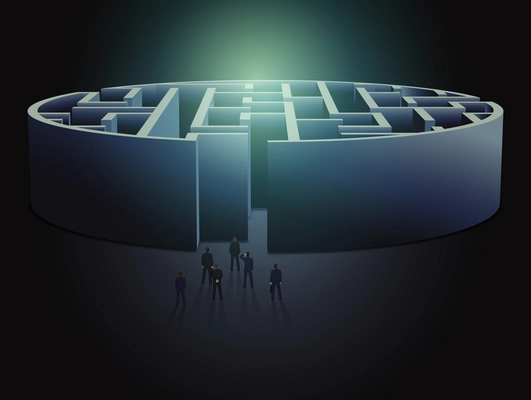 Group of people in front of huge circle maze business concept vector illustration