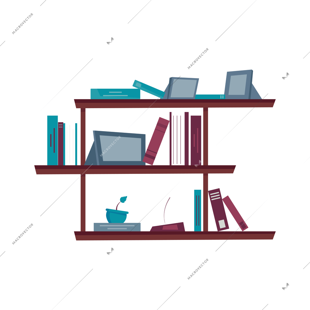 Wooden shelves with books on white background flat vector illustration