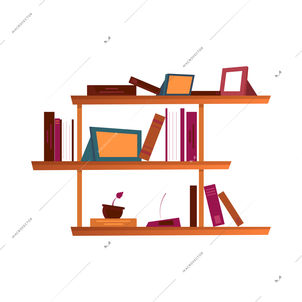 Colorful books on wooden rack flat interior icon vector illustration