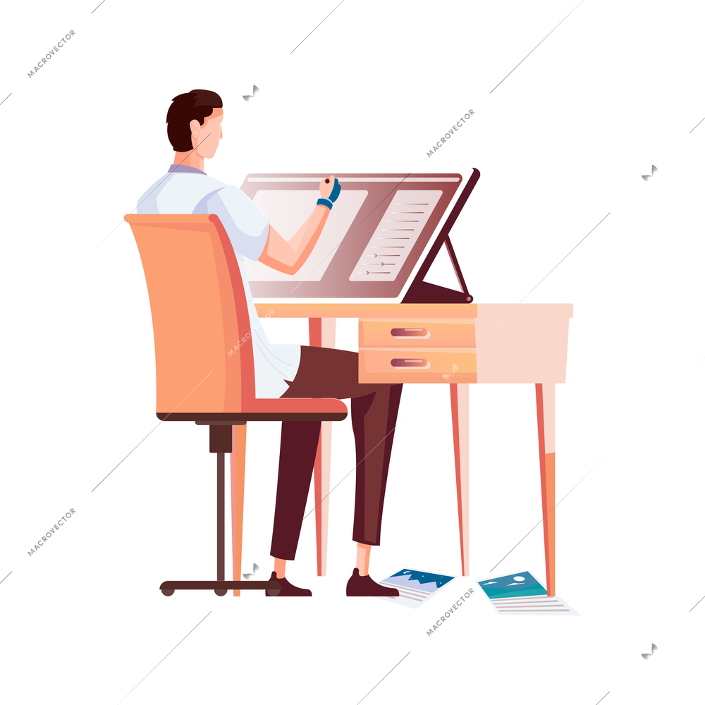 Book illustrator at his work place flat vector illustration