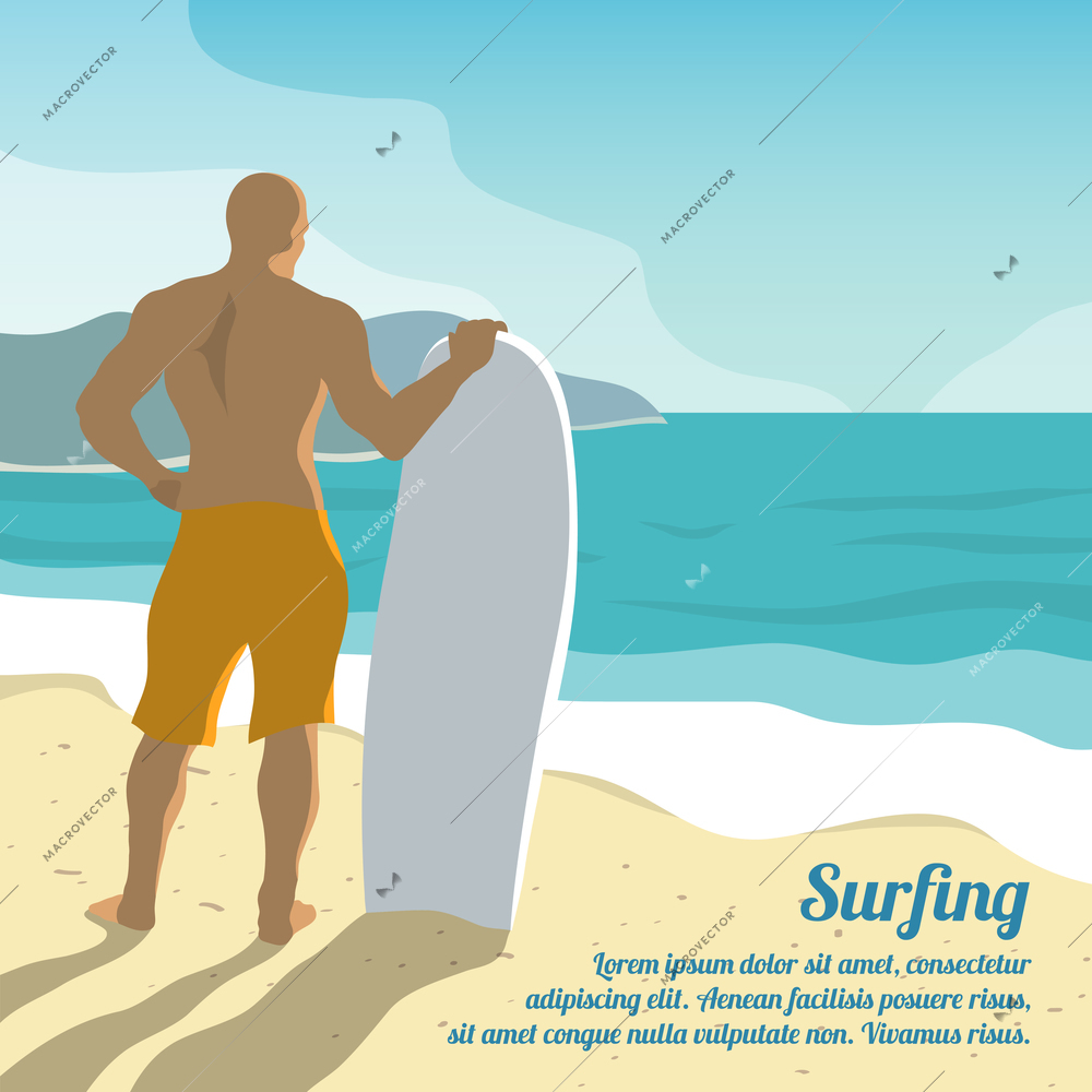 Surfing summer poster with male surfer and board on sandy beach vector illustration