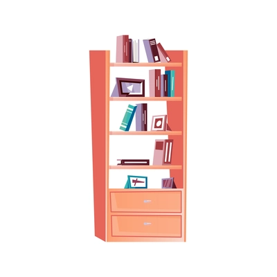 Flat wooden bookcase with books and photo frames on white background vector illustration