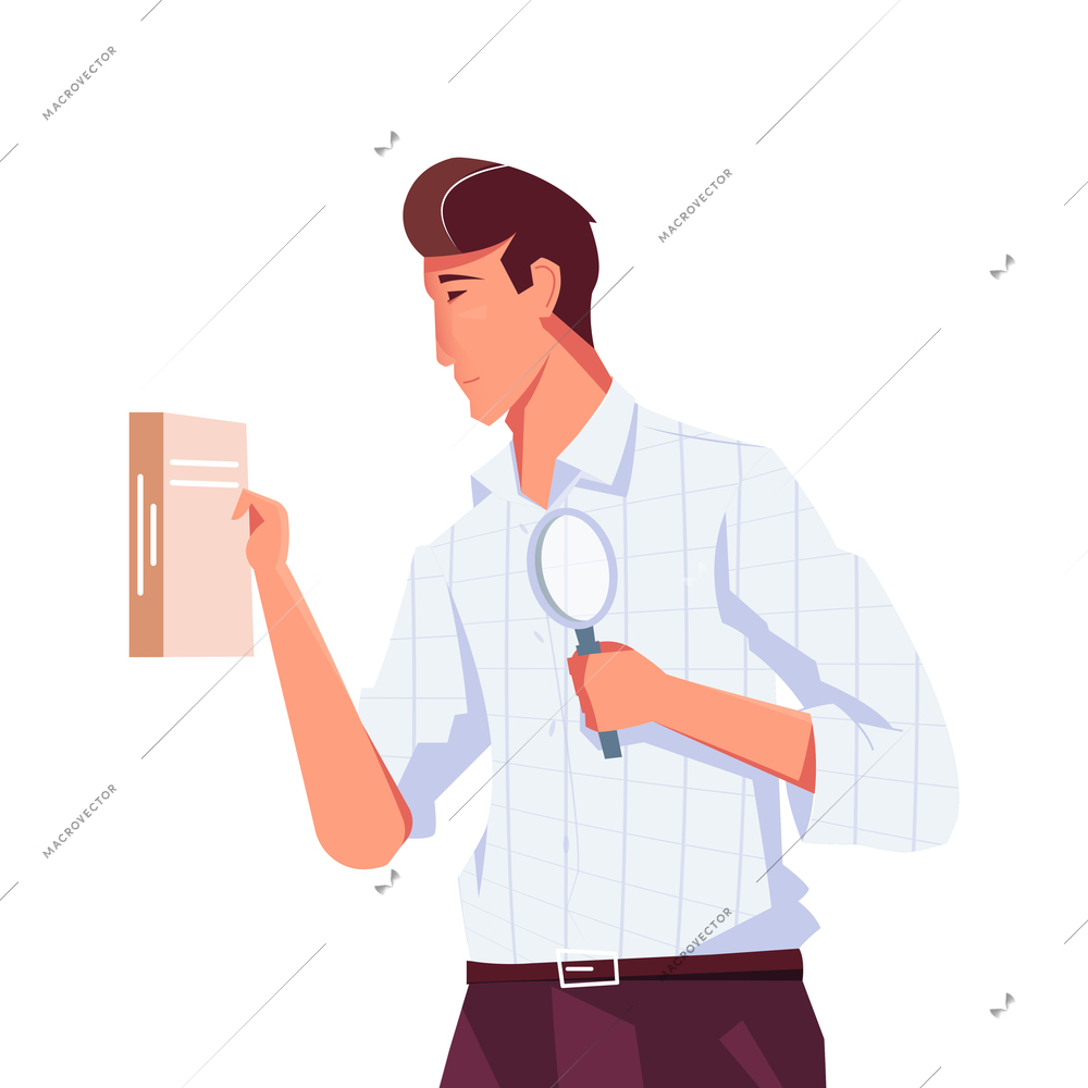 Male editor holding book and magnifying glass flat vector illustration