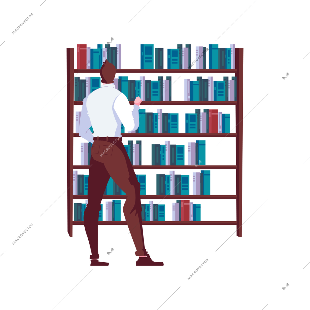 Man choosing book at bookshop flat vector illustration