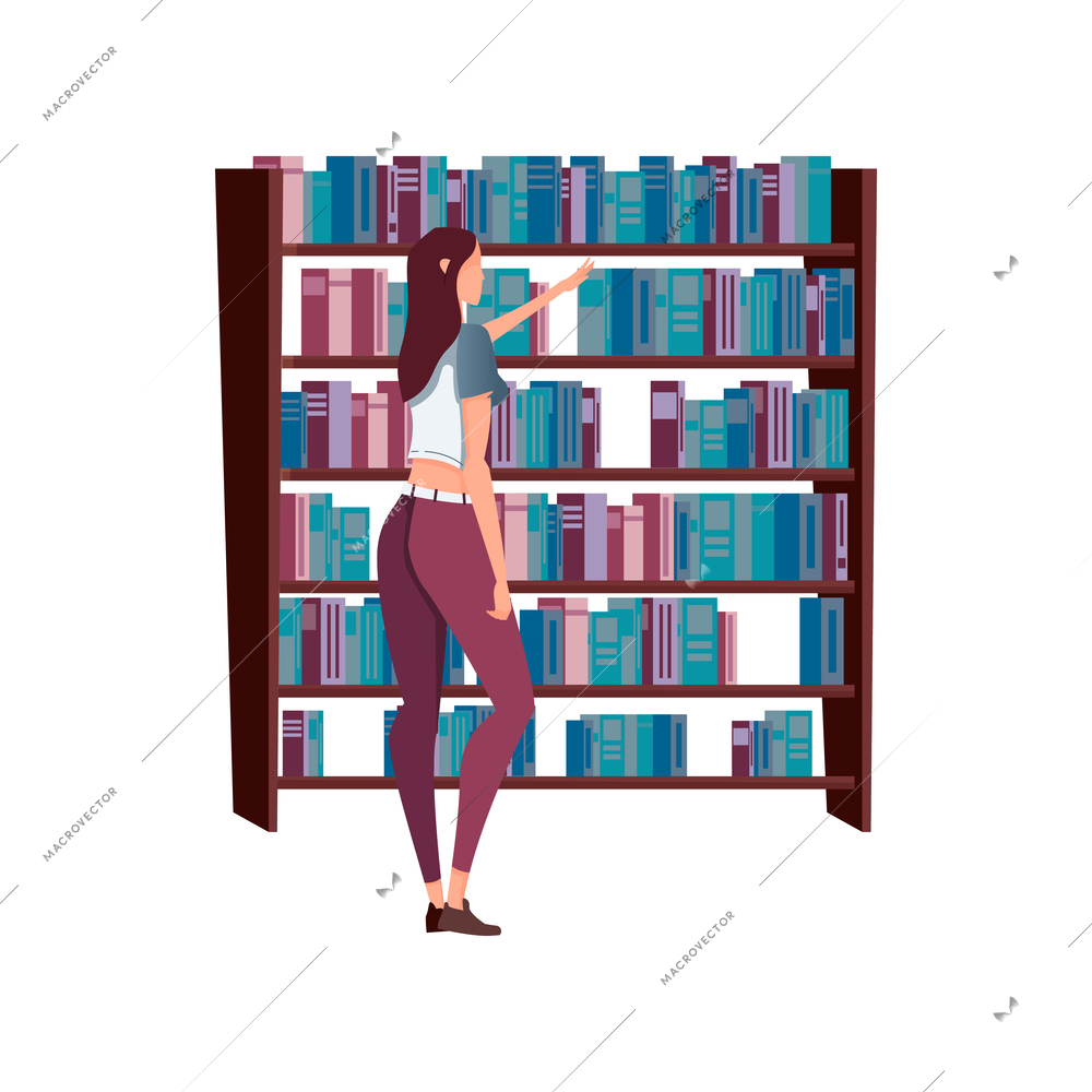 Woman buying books at bookshop flat vector illustration