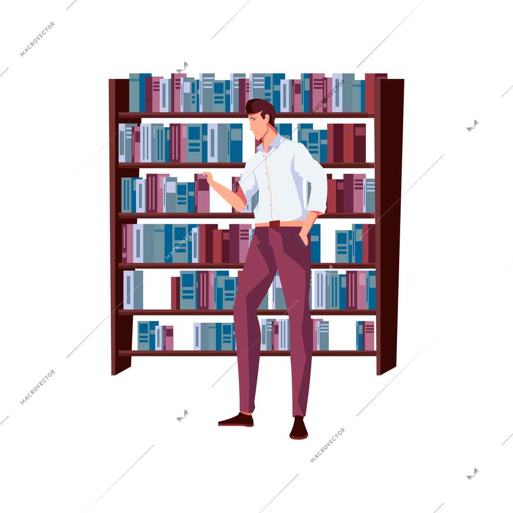 Man taking book from shelf at bookshop flat vector illustration