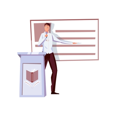 Man with microphone holding presentation of new book flat vector illustration