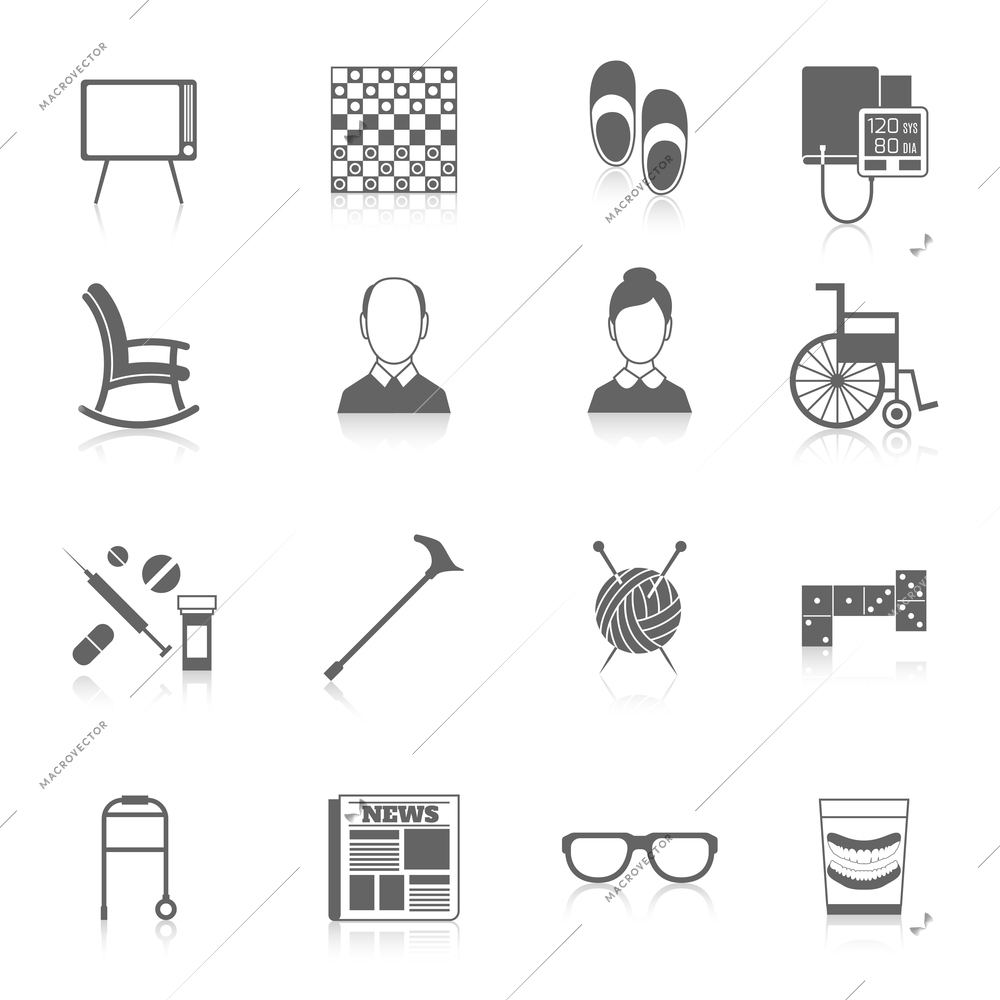 Pensioners life elderly care icons black set isolated vector illustration