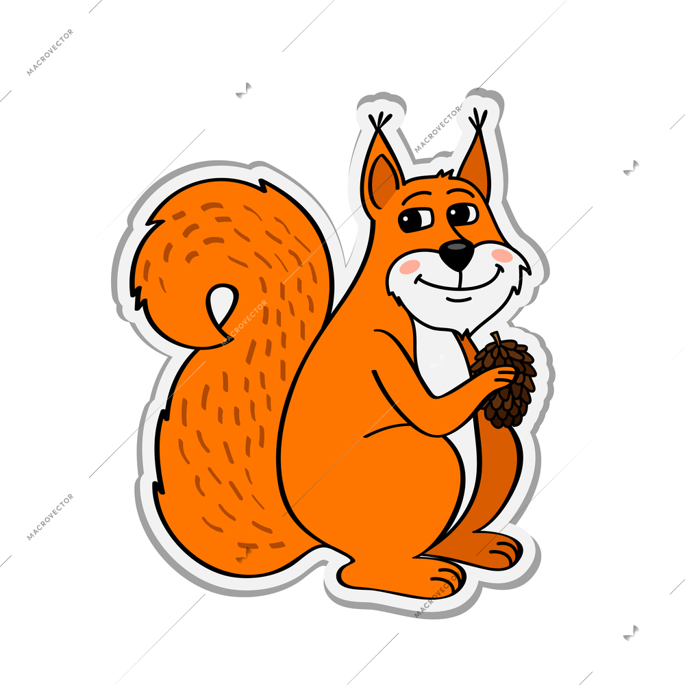 Cute squirrel holding pine cone on white background cartoon vector illustration