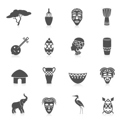 Africa jungle ethnic culture travel icons set black isolated vector illustration