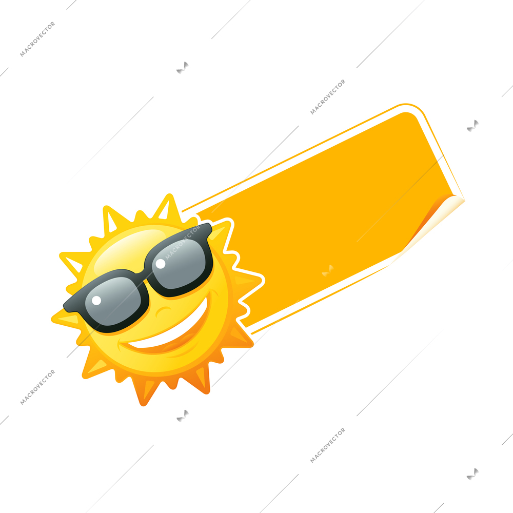 Flat discount tag with smiling sun in glasses vector illustration