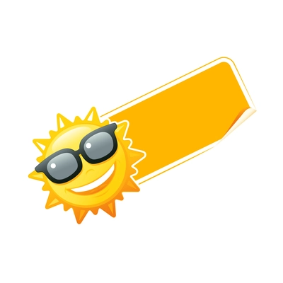 Flat discount tag with smiling sun in glasses vector illustration