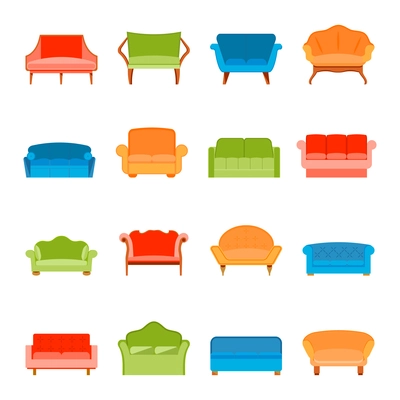 Sofa couches modern furniture icons flat set isolated vector illustration