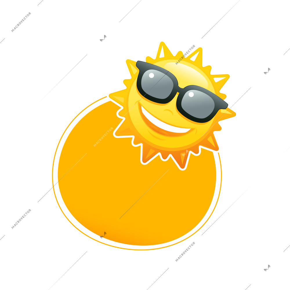 Round yellow price tag with funny sun in glasses flat vector illustration