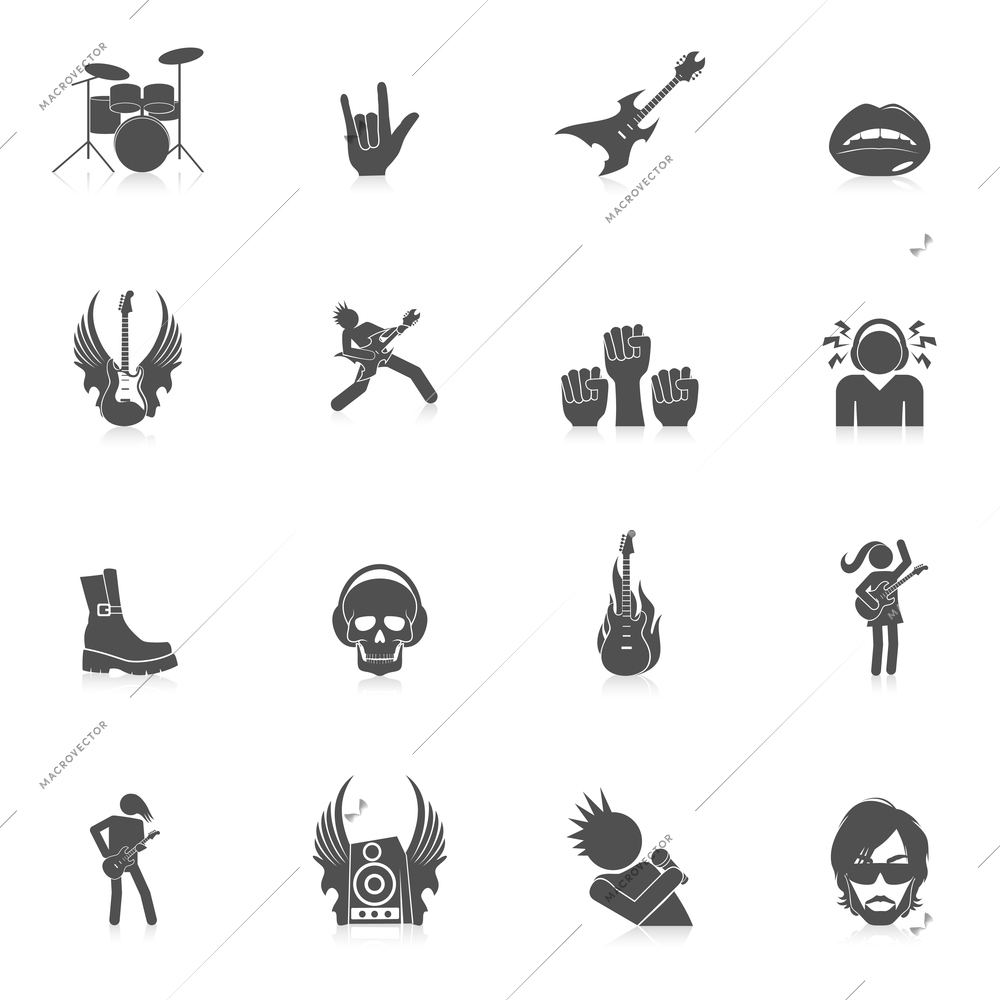 Rock concert music party black icons isolated vector illustration