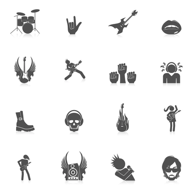 Rock concert music party black icons isolated vector illustration