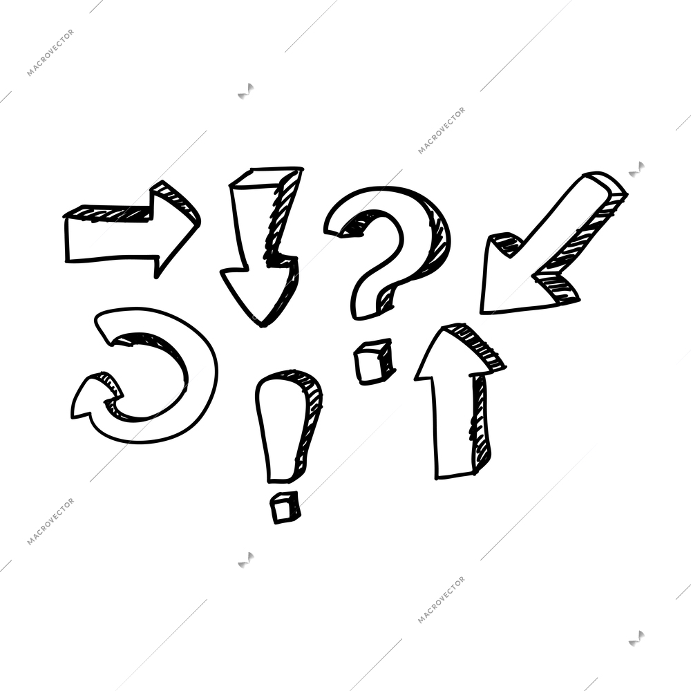 Doodle signs with question exclamation mark arrow isolated vector illustration