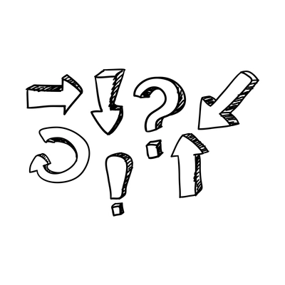 Doodle signs with question exclamation mark arrow isolated vector illustration