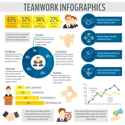 Teamwork effective management and cooperation infographic elements with business charts vector illustration