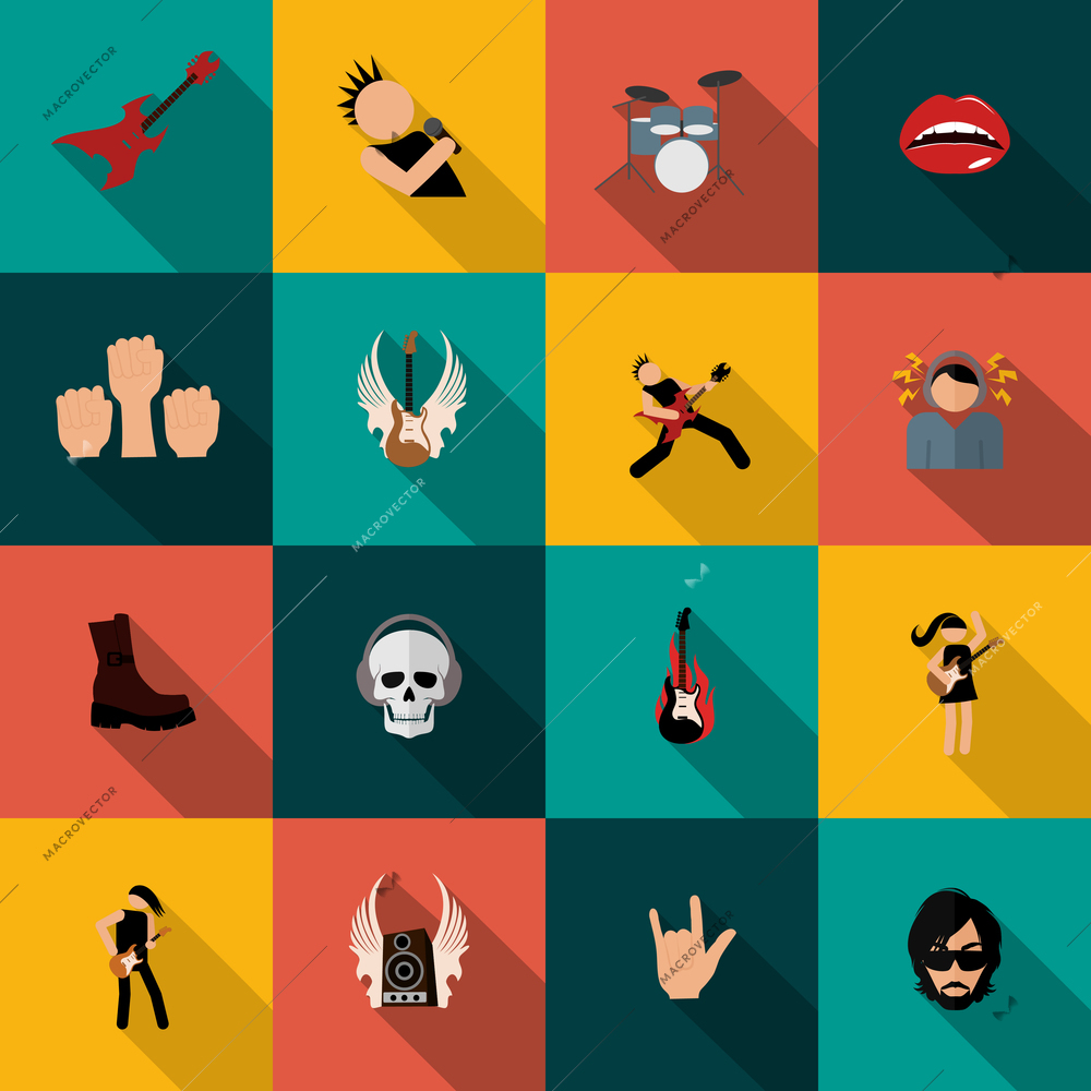 Rock concert festival music party flat icons isolated vector illustration