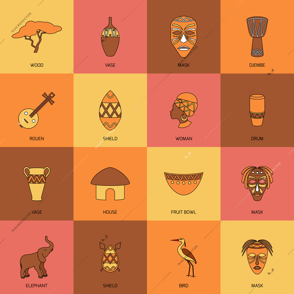 Africa ethnic tribe culture travel icons line flat isolated vector illustration