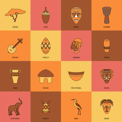 Africa ethnic tribe culture travel icons line flat isolated vector illustration