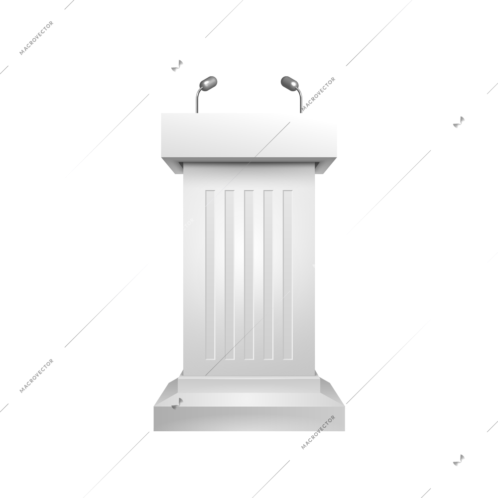 White tribune with two microphones realistic vector illustration