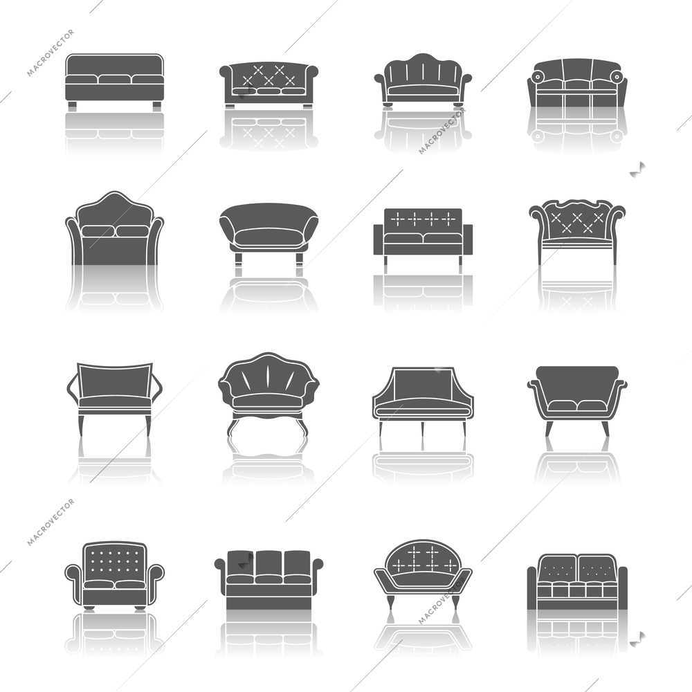 Sofa couches modern furniture interior design icons black set isolated vector illustration