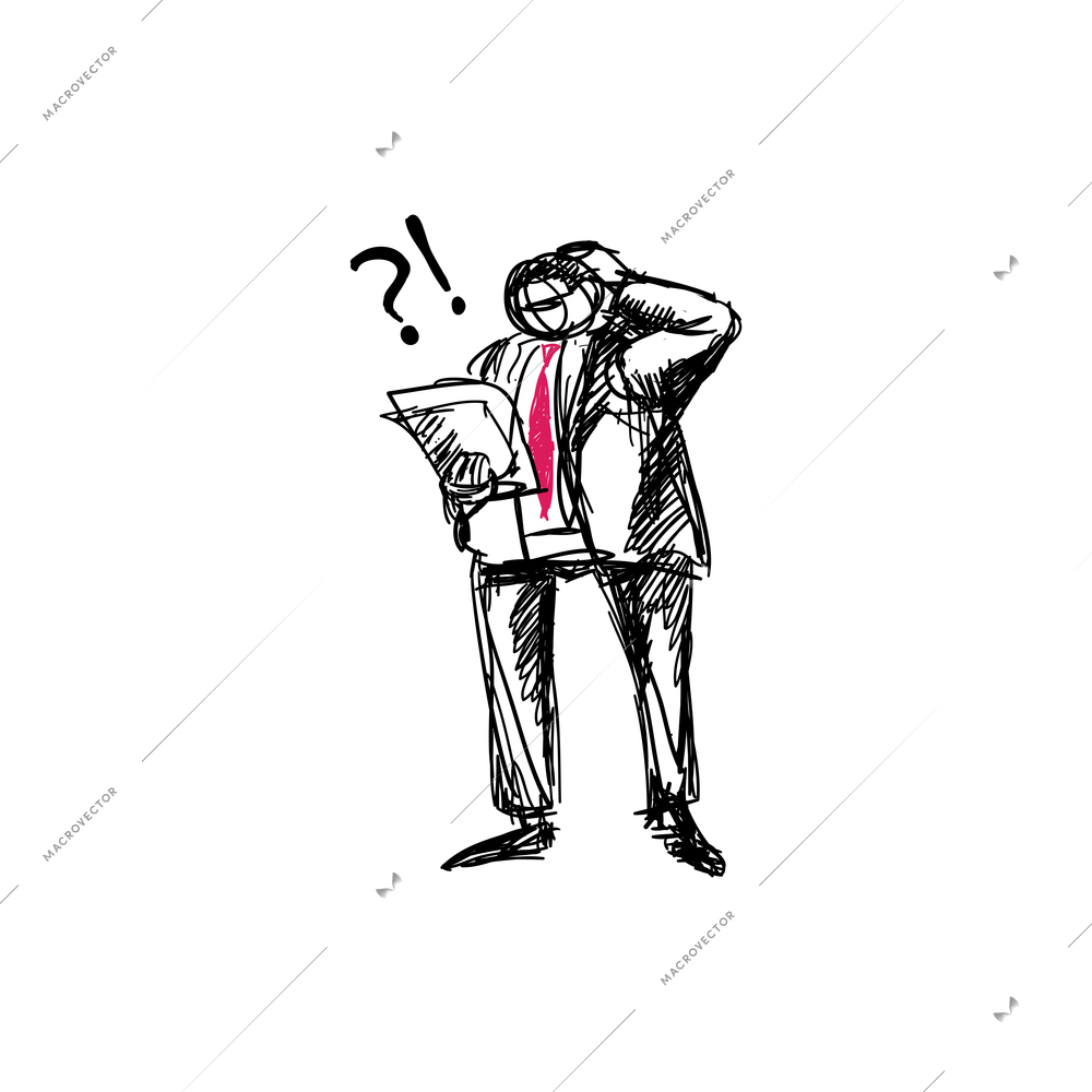 Confused business character looking at papers doodle vector illustration