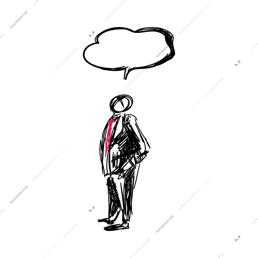 Businessman character and blank speech bubble doodle vector illustration