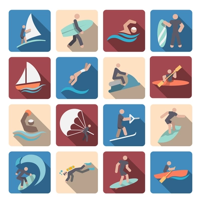 Water sports summer extreme activity colored pictogram icons set isolated vector illustration