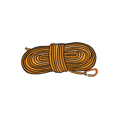 Long rope with carabiner for rock climbing flat vector illustration