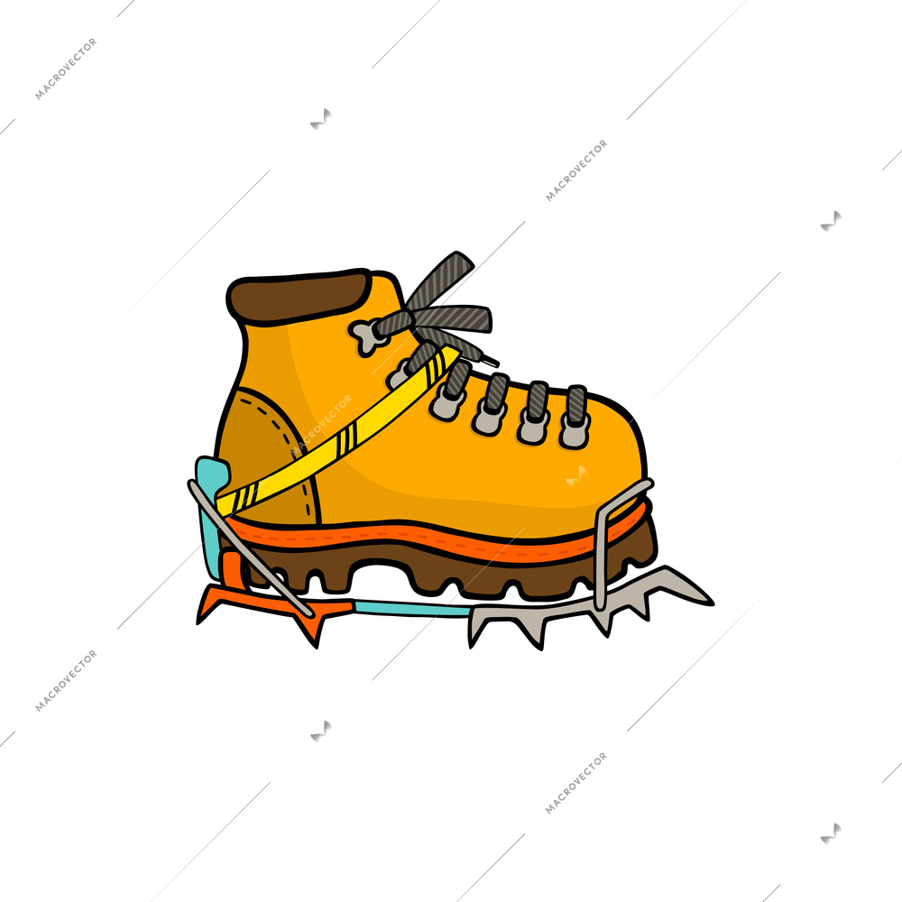 Mountain hiking boots with crampons on white background flat vector illustration