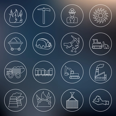 Coal machinery factory mining machinery outline icons set isolated vector illustration