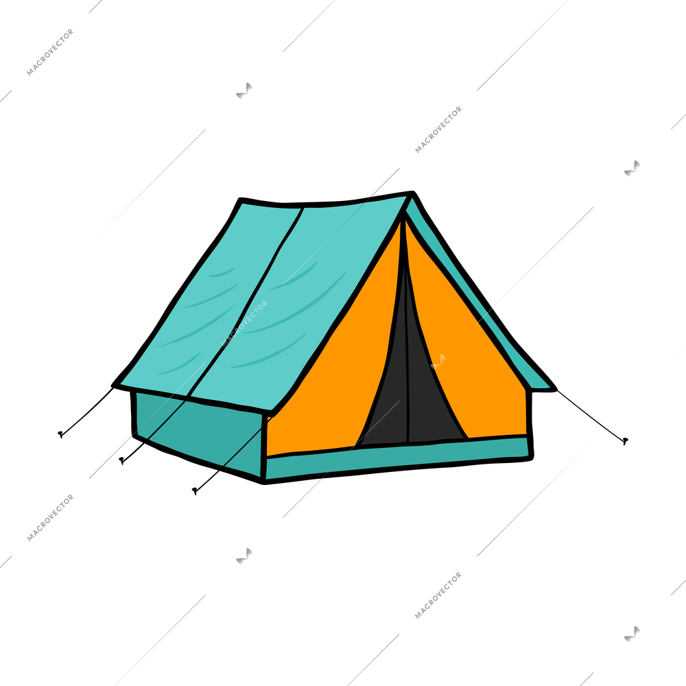 Blue and yellow single camping tent on white background flat vector illustration