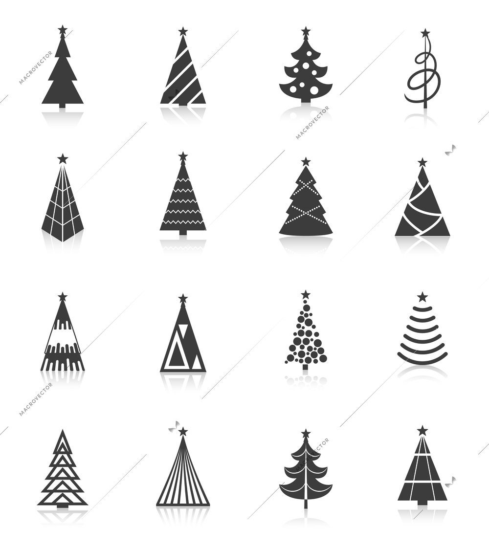 Christmas tree celebration holiday black silhouette icons set isolated vector illustration