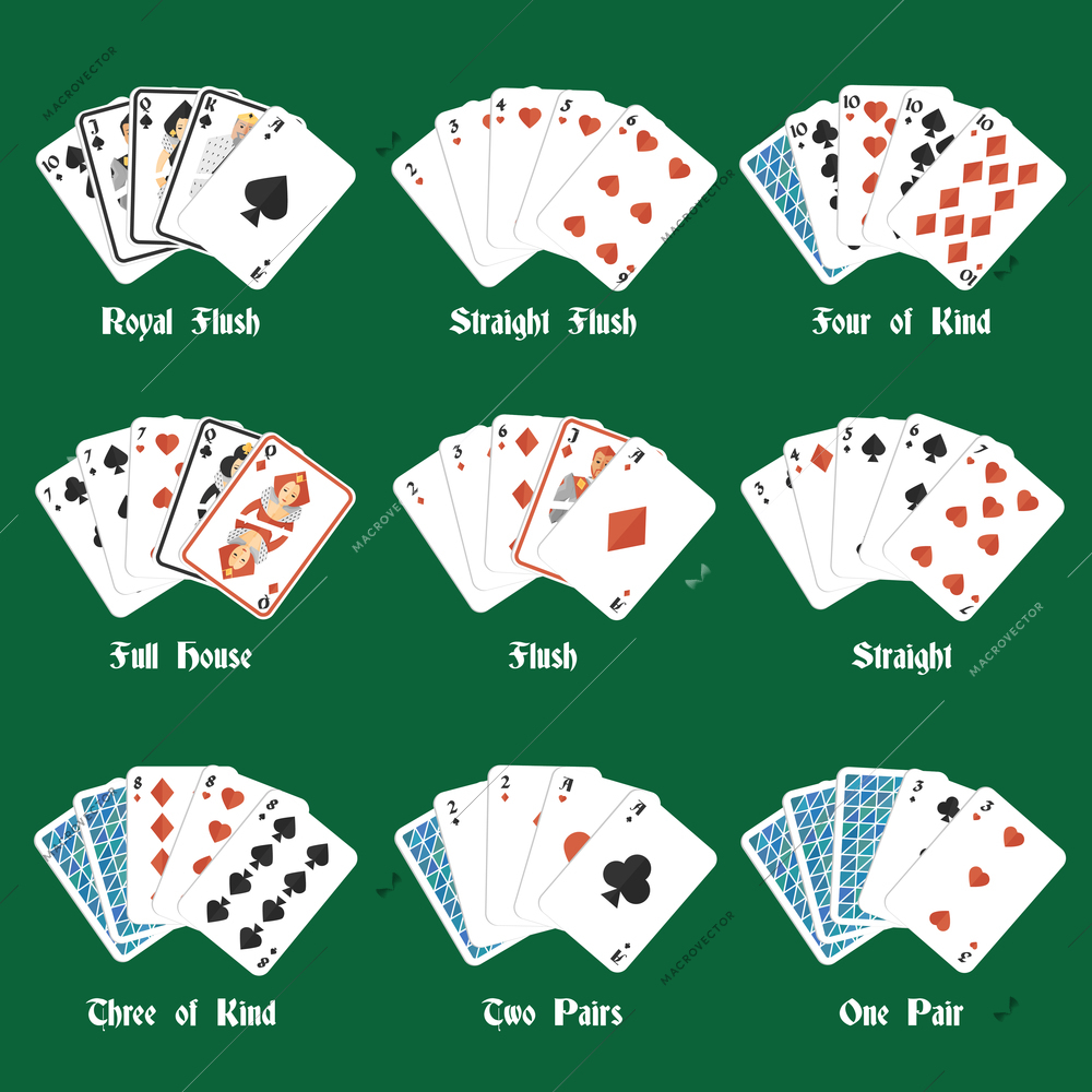 Poker hands set with royal flush four of kind full house isolated vector illustration