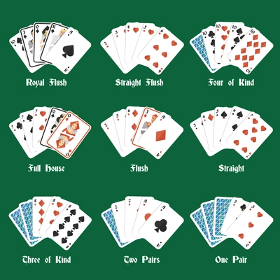 Poker hands set with royal flush four of kind full house isolated vector illustration