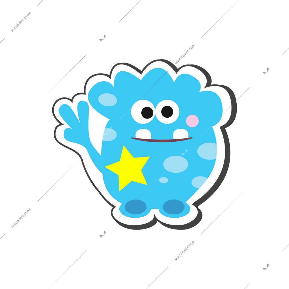 Cartoon icon of blue monster with teeth yellow star and spots vector illustration