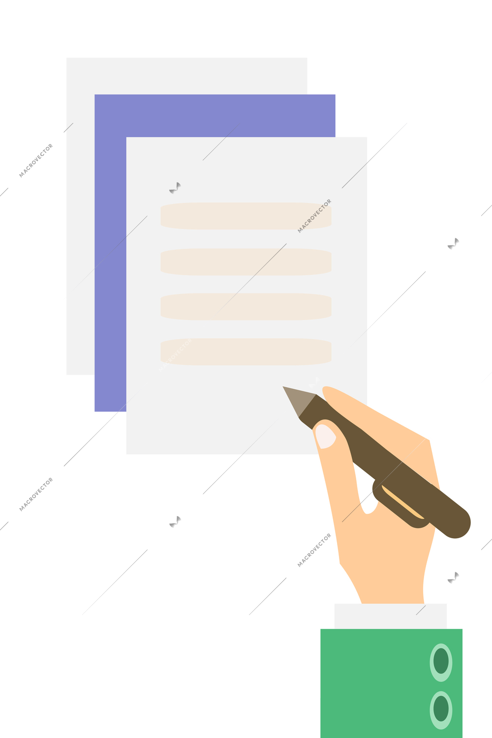 Business concept with human hand signing papers flat vectror illustration