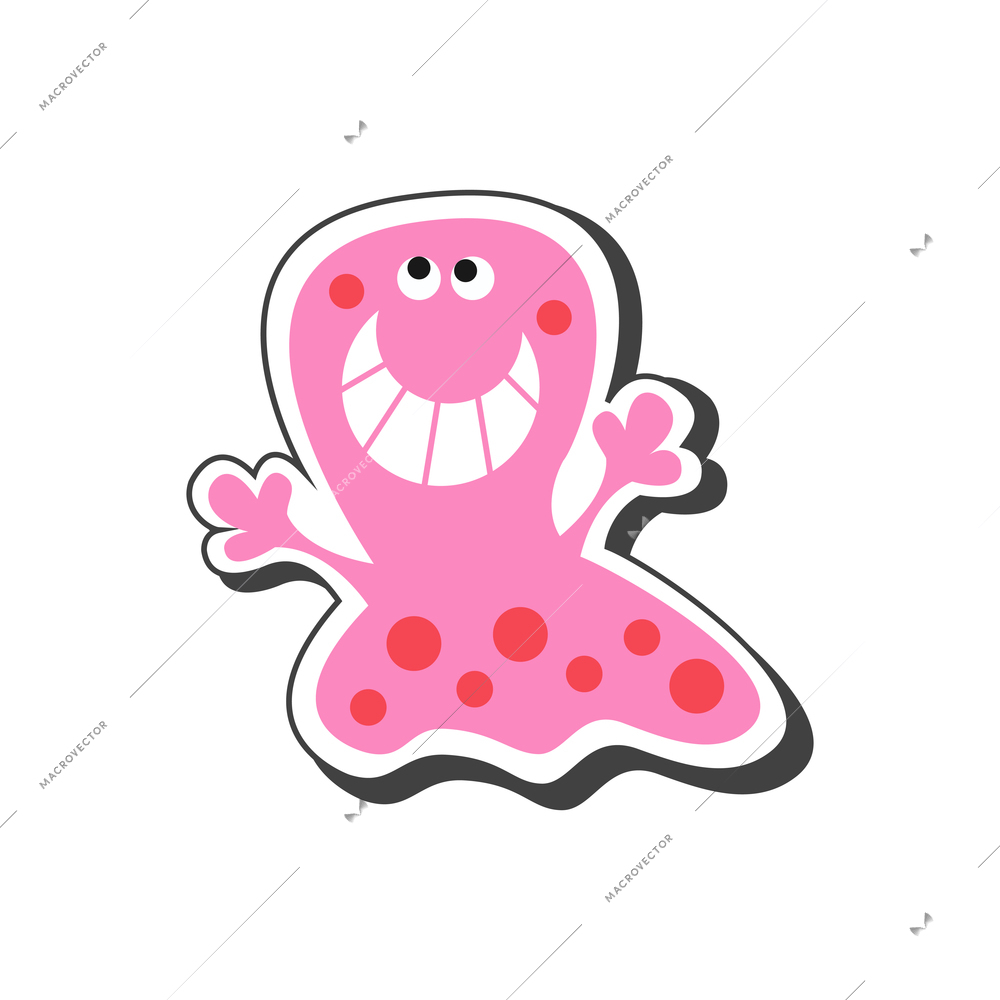 Cartoon icon of funny pink smiling monster with red spots vector illustration