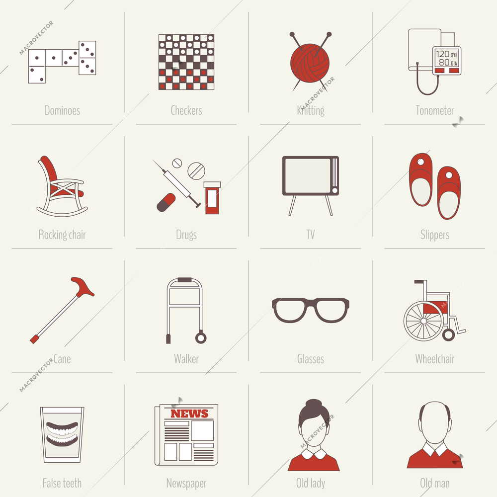 Pensioners life flat line icons set of dominoes checkers knitting isolated vector illustration